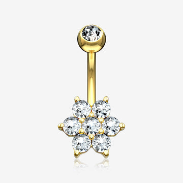 14 Karat Gold Spring Flower Sparkle Prong Set Belly Button Ring-Clear Gem